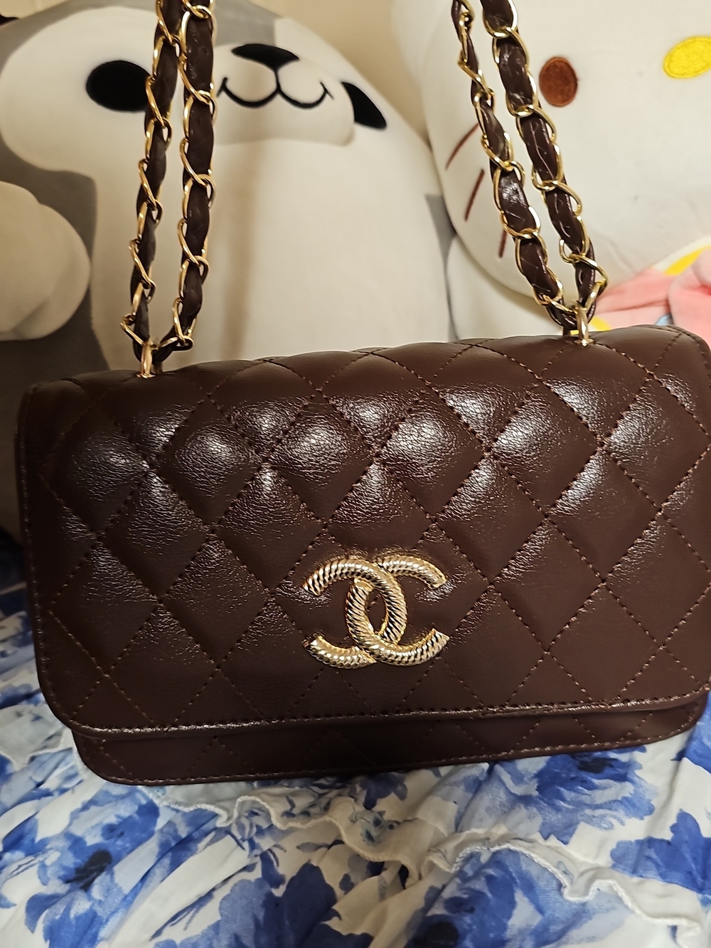 Quilted Shoulder Bag in Dark Brown with Gold Hardware